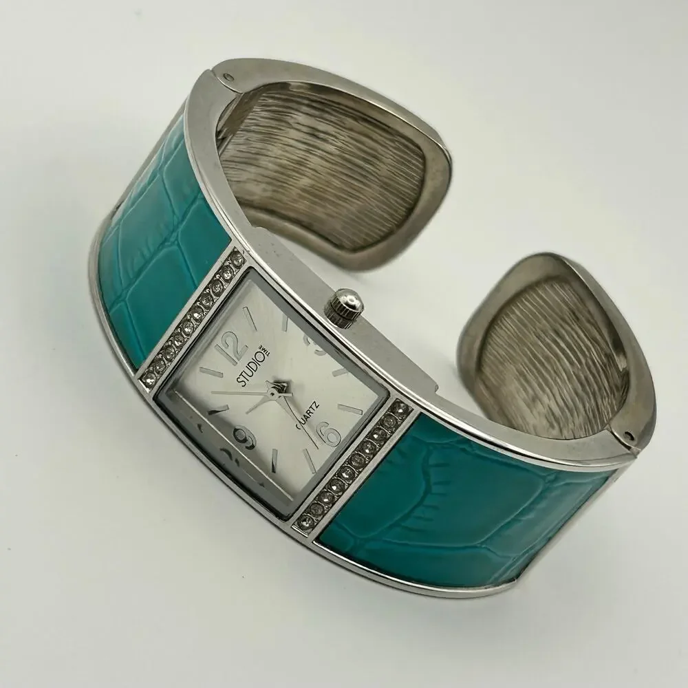 Studio Time Teal Silver Stainless Steel Women’s Quartz  Bangle Watch New Battery